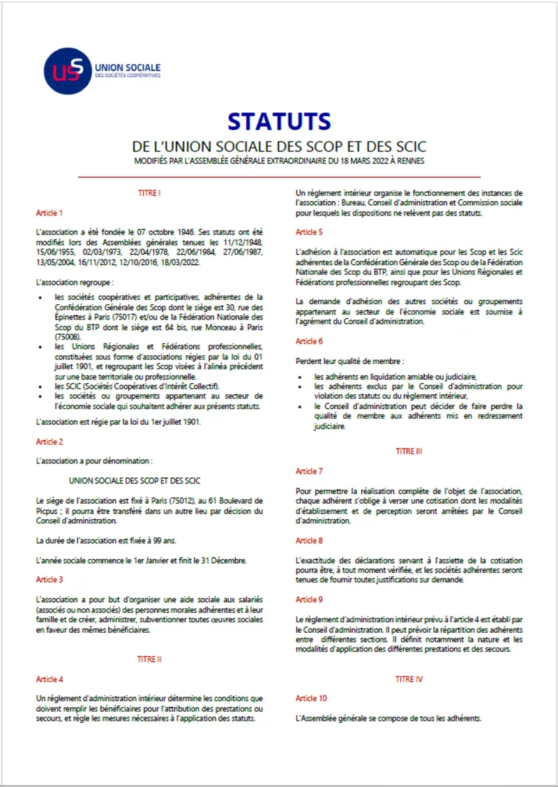 Statuts de l'Union Sociale des Scop et des Scic